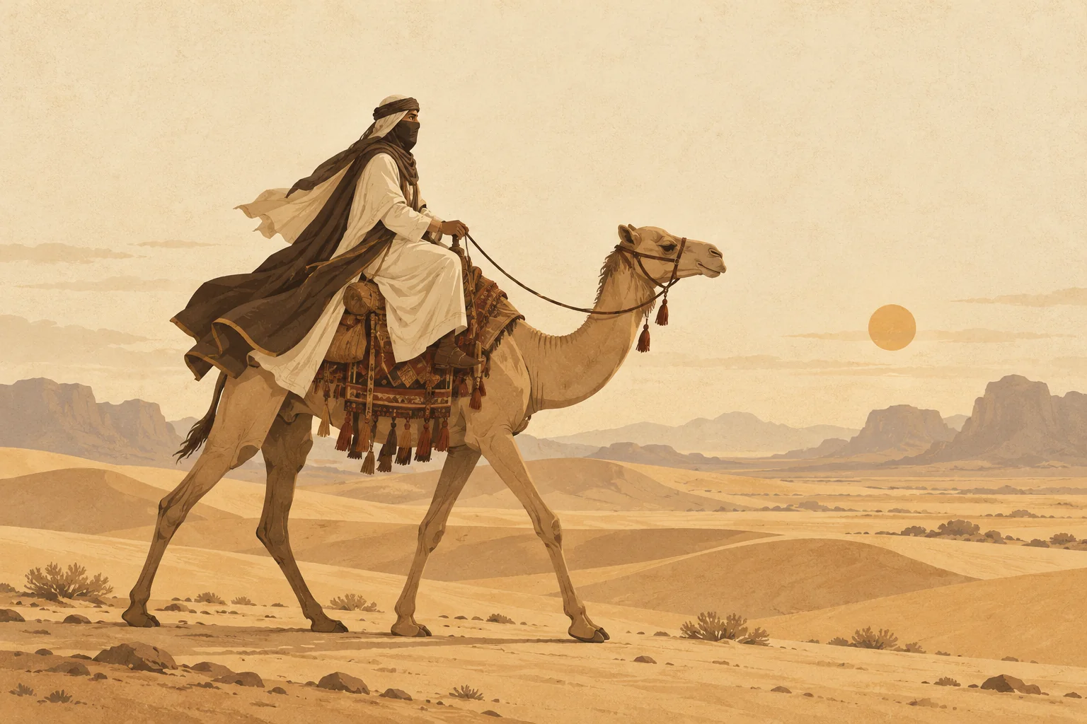 رسم صحراوي لجمل وراكب عربي ملثم بين الكثبان الرملية
